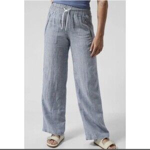 Athleta Women's Cabo 100% Linen Wide Leg Pants Sz 10 Elastic Waist Beach Comfort